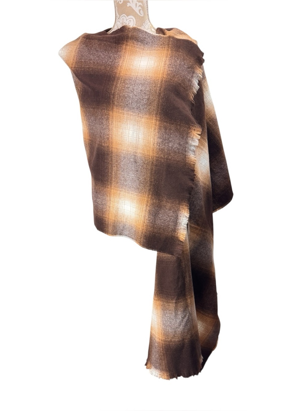 NWT Banana Republic Blanket Scarf Brown Tan Neutral Plaid Fringe Large 76x24